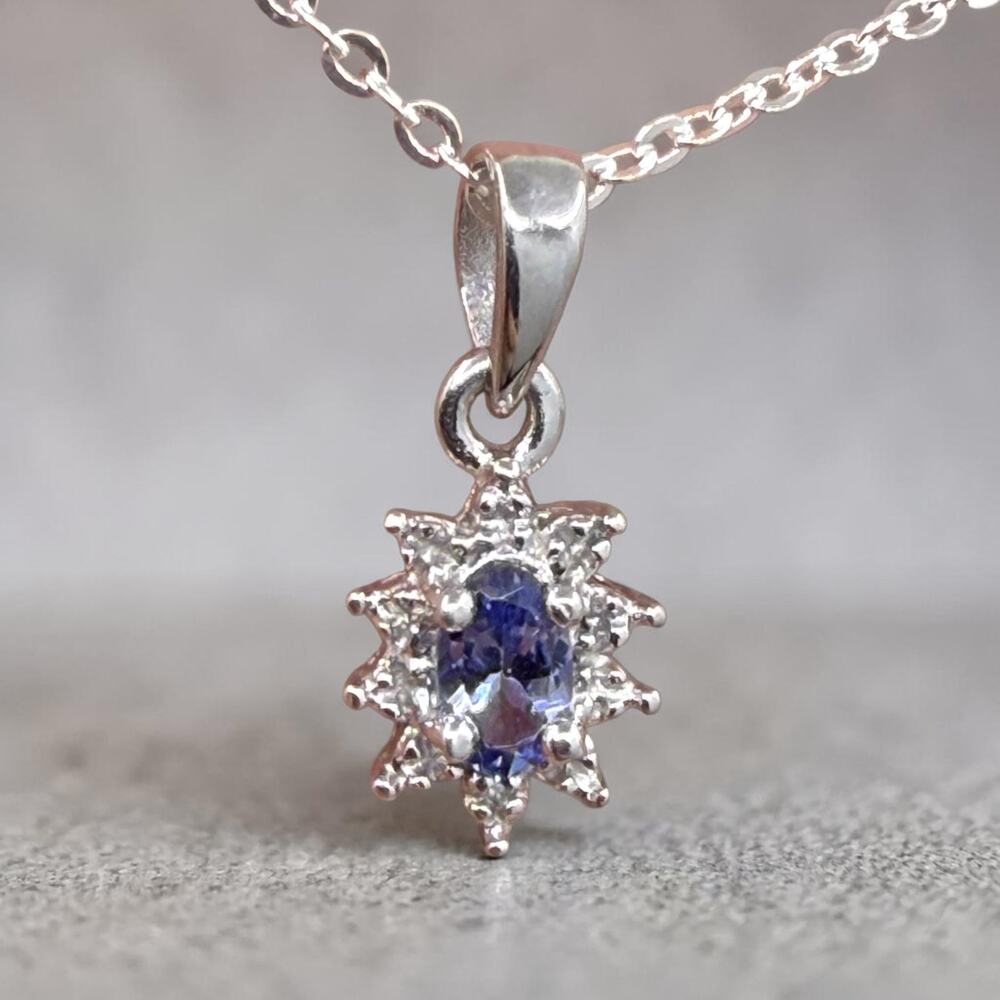 Dainty Blue Tanzanite Diamond Pendant Necklace 925 Sterling Silver 18in Chain